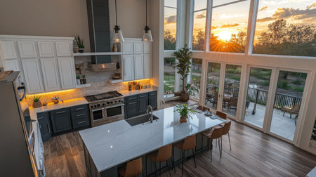 A birds-eye view of a modern kitchen with a spacious island, white polished countertops, sleek stainless steel appliances, and large windows framing a sunset view.の素材