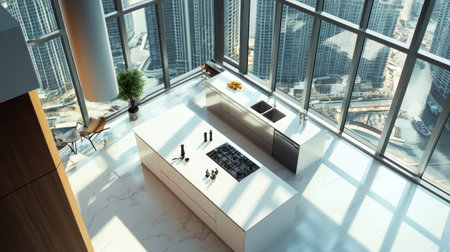 A contemporary kitchen viewed from above, with a sleek island, white quartz worktops, stainless steel finishes, and floor-to-ceiling windows offering a panoramic view.の素材