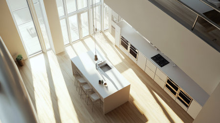 A modern open-plan kitchen seen from above, showcasing a large white island, stainless steel double ovens, and floor-to-ceiling windows letting in natural light.の素材