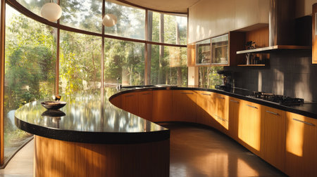 A chic kitchen featuring a curved pastel brown laminate counter, black granite worktops, and minimalist lighting fixtures. Large windows brighten the space.の素材