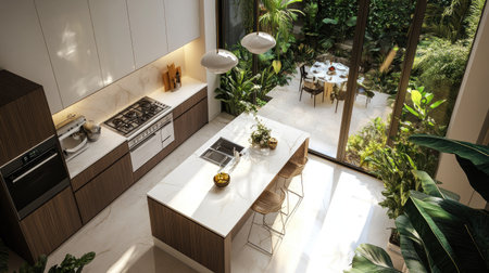A bird-eye view of a bright modern kitchen with a central island, white marble worktops, and integrated stainless steel appliances. Oversized windows reveal a lush garden.の素材
