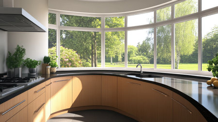 A cozy, modern kitchen interior with a curved pastel brown laminate counter, black worktops, and large windows overlooking a peaceful suburban backyard.の素材
