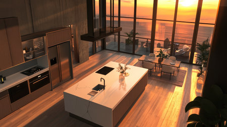 A birds-eye view of a modern kitchen with a spacious island, white polished countertops, sleek stainless steel appliances, and large windows framing a sunset view.の素材
