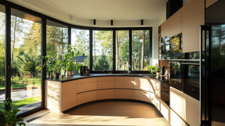 A cozy, modern kitchen interior with a curved pastel brown laminate counter, black worktops, and large windows overlooking a peaceful suburban backyard.の素材