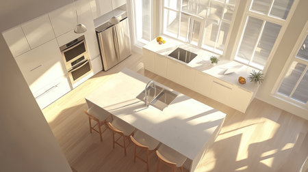 A bright and airy modern kitchen from an overhead perspective, showcasing a large island with a sink, white countertops, stainless steel appliances, and expansive windows.の素材