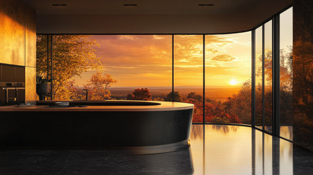 A luxurious, modern kitchen interior with a curved pastel brown laminate counter, sleek black surfaces, and large windows showcasing a vibrant sunset.の素材