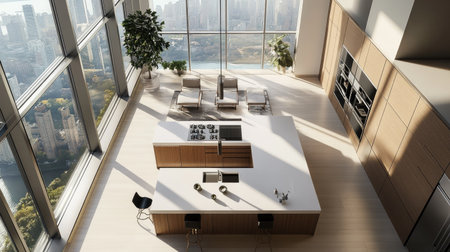 A modern kitchen viewed from above, showcasing a large island with a white quartz worktop, sleek stainless steel appliances, and floor-to-ceiling windows with scenic views.の素材