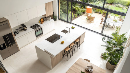 A bird-eye view of a bright modern kitchen with a central island, white marble worktops, and integrated stainless steel appliances. Oversized windows reveal a lush garden.の素材