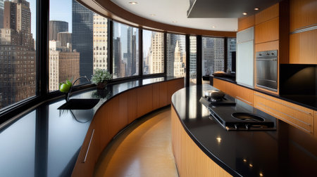 A contemporary kitchen with a curved pastel brown laminate counter, black countertops, and minimalist furniture. Large windows showcase a modern cityscape.の素材