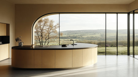 A warm, minimalist kitchen with a curved pastel brown counter, black worktops, and large windows framing an expansive view of rolling hills.の素材