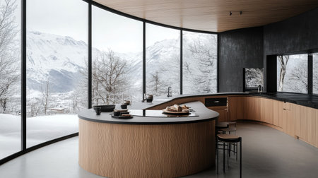 A modern, Scandinavian-style kitchen with a curved pastel brown counter, black surfaces, and expansive windows overlooking a snowy mountain landscape.の素材