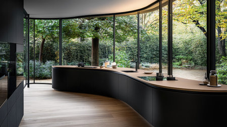 A bright modern kitchen with a curved pastel brown laminate counter, matte black surfaces, and a stunning wall of glass windows with garden views.の素材