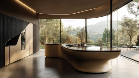 A futuristic kitchen with a curved pastel brown counter, black surfaces, and minimalist accents. Large windows create a seamless connection to the outdoors.の素材