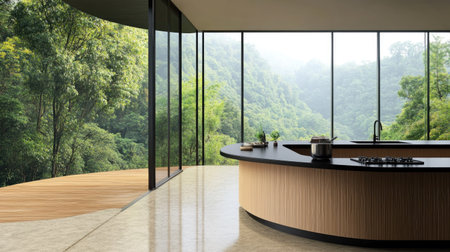 A minimalist kitchen interior with a curved counter design in warm pastel brown laminate, black surfaces, and floor-to-ceiling windows facing a lush green landscape.の素材