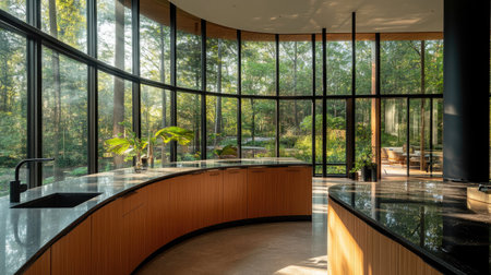 A sophisticated kitchen interior featuring a curved counter in pastel brown laminate, black surfaces, and large, airy windows with views of a tranquil forest.の素材