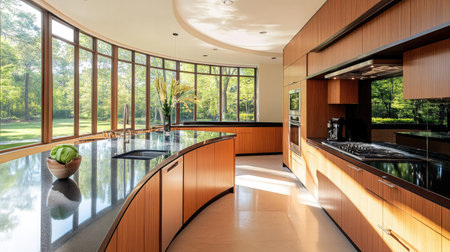 A sleek kitchen with a curved pastel brown counter, black quartz tops, and minimalist design elements. Oversized windows flood the space with sunlight.の素材