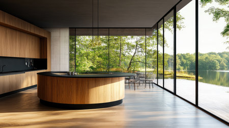 A minimalist open-concept kitchen with a curved pastel brown counter, sleek black tops, and large glass windows offering views of a serene waterfront.の素材
