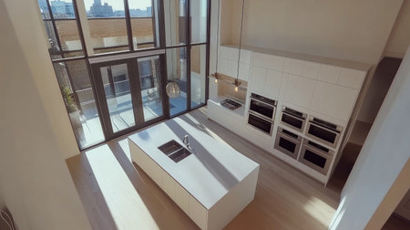 A modern open-plan kitchen seen from above, showcasing a large white island, stainless steel double ovens, and floor-to-ceiling windows letting in natural light.の素材