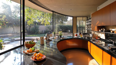 A modern kitchen with a curved pastel brown counter, black surfaces, and minimalist furnishings. Oversized windows provide a view of a sunny courtyard.の素材