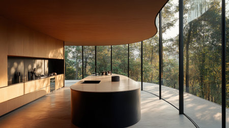 A contemporary minimalist kitchen with a curved pastel brown counter, matte black surfaces, and large glass windows that illuminate the room with natural light.の素材