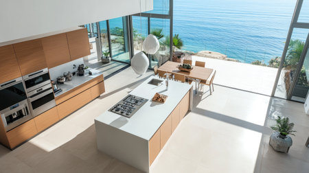 A sleek modern kitchen from above, with a spacious island, white stone countertops, and stainless steel appliances. Massive windows provide a stunning ocean view.の素材