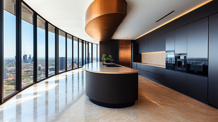 A clean, modern kitchen interior with a curved counter in pastel brown laminate, matte black finishes, and floor-to-ceiling windows providing a panoramic view.の素材