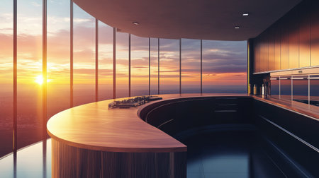 A luxurious, modern kitchen interior with a curved pastel brown laminate counter, sleek black surfaces, and large windows showcasing a vibrant sunset.の素材