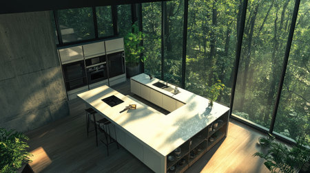 A top-down view of a luxury modern kitchen, highlighting a massive island with pristine white worktops, stainless steel appliances, and panoramic windows with forest views.の素材