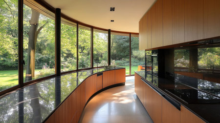 A minimalist kitchen featuring a curved pastel brown laminate counter, matte black worktops, and expansive windows offering a view of a serene garden.の素材