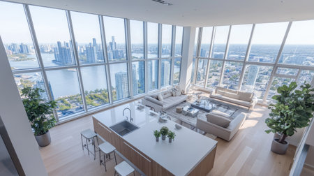 A contemporary kitchen viewed from above, with a sleek island, white quartz worktops, stainless steel finishes, and floor-to-ceiling windows offering a panoramic view.の素材