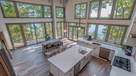 A modern kitchen viewed from above, showcasing a large island with a white quartz worktop, sleek stainless steel appliances, and floor-to-ceiling windows with scenic views.の素材