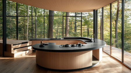 A sleek, modern kitchen featuring a curved island in pastel brown laminate, black counters, and an airy, open design with large windows framing a forest view.の素材