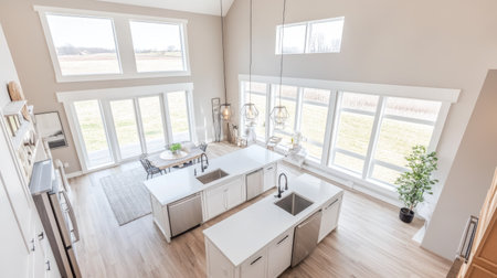 A bright and airy modern kitchen from an overhead perspective, showcasing a large island with a sink, white countertops, stainless steel appliances, and expansive windows.の素材