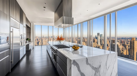 A modern kitchen with a large central island captured from above, featuring white marble worktops, stainless steel fixtures, and oversized windows overlooking a cityscape.の素材