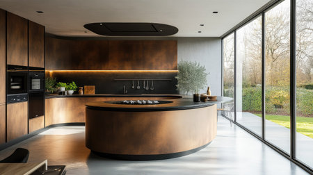 A modern kitchen interior with a curved counter in pastel brown laminate, sleek black countertops, and minimalist decor. Large windows bring in abundant natural light.の素材
