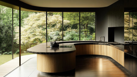 A minimalist kitchen interior with a curved counter design in warm pastel brown laminate, black surfaces, and floor-to-ceiling windows facing a lush green landscape.の素材