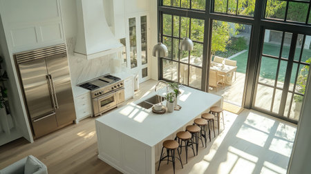 An aerial view of a modern kitchen with a large white island surrounded by bar stools, stainless steel fixtures, and expansive windows opening to a serene backyard.の素材