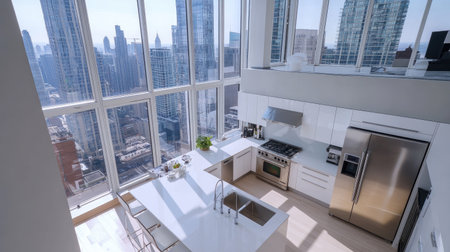 A luxury modern kitchen captured from above, with a wide island, glossy white worktops, stainless steel fridge and oven, and panoramic windows overlooking the city skyline.の素材