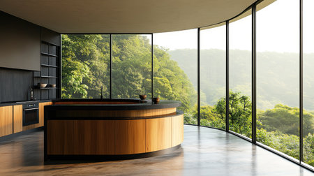 A minimalist kitchen interior with a curved counter design in warm pastel brown laminate, black surfaces, and floor-to-ceiling windows facing a lush green landscape.の素材