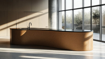 A sleek kitchen with a curved pastel brown counter, black quartz tops, and minimalist design elements. Oversized windows flood the space with sunlight.の素材