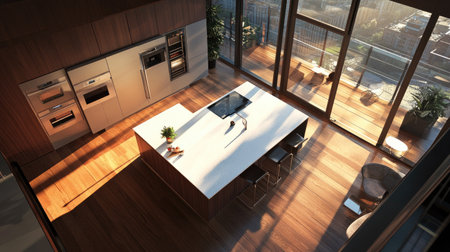 A modern kitchen viewed from above, showcasing a large island with a white quartz worktop, sleek stainless steel appliances, and floor-to-ceiling windows with scenic views.の素材