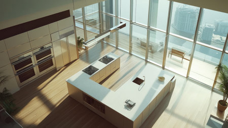 A contemporary kitchen viewed from above, with a sleek island, white quartz worktops, stainless steel finishes, and floor-to-ceiling windows offering a panoramic view.の素材