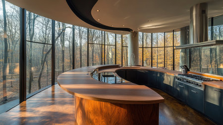A contemporary minimalist kitchen with a curved pastel brown counter, matte black surfaces, and large glass windows that illuminate the room with natural light.の素材