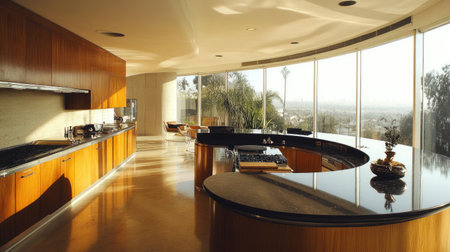 A sleek kitchen with a curved pastel brown counter, black quartz tops, and minimalist design elements. Oversized windows flood the space with sunlight.の素材