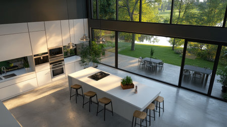 An aerial view of a modern kitchen with a large white island surrounded by bar stools, stainless steel fixtures, and expansive windows opening to a serene backyard.の素材