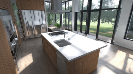 A top-down perspective of a modern kitchen featuring a large island with a sink, white quartz worktops, and a backdrop of stainless steel appliances and wide-open windows.の素材