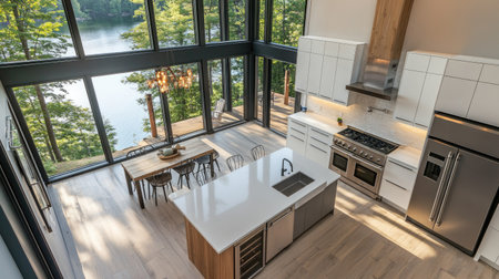 An overhead view of a modern kitchen with a U-shaped island, white stone tops, stainless steel fridge and oven, and large glass windows overlooking a serene lake.の素材