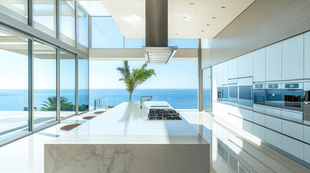 A sleek modern kitchen from above, with a spacious island, white stone countertops, and stainless steel appliances. Massive windows provide a stunning ocean view.の素材