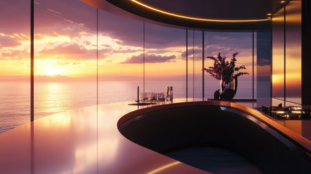 A luxurious, modern kitchen interior with a curved pastel brown laminate counter, sleek black surfaces, and large windows showcasing a vibrant sunset.の素材