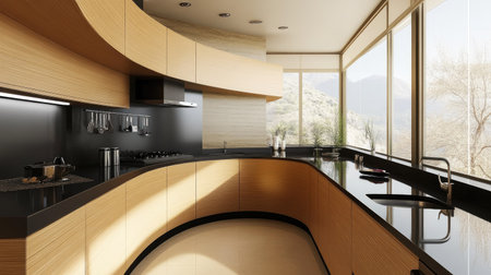 A modern kitchen interior with a curved counter in pastel brown laminate, sleek black countertops, and minimalist decor. Large windows bring in abundant natural light.の素材